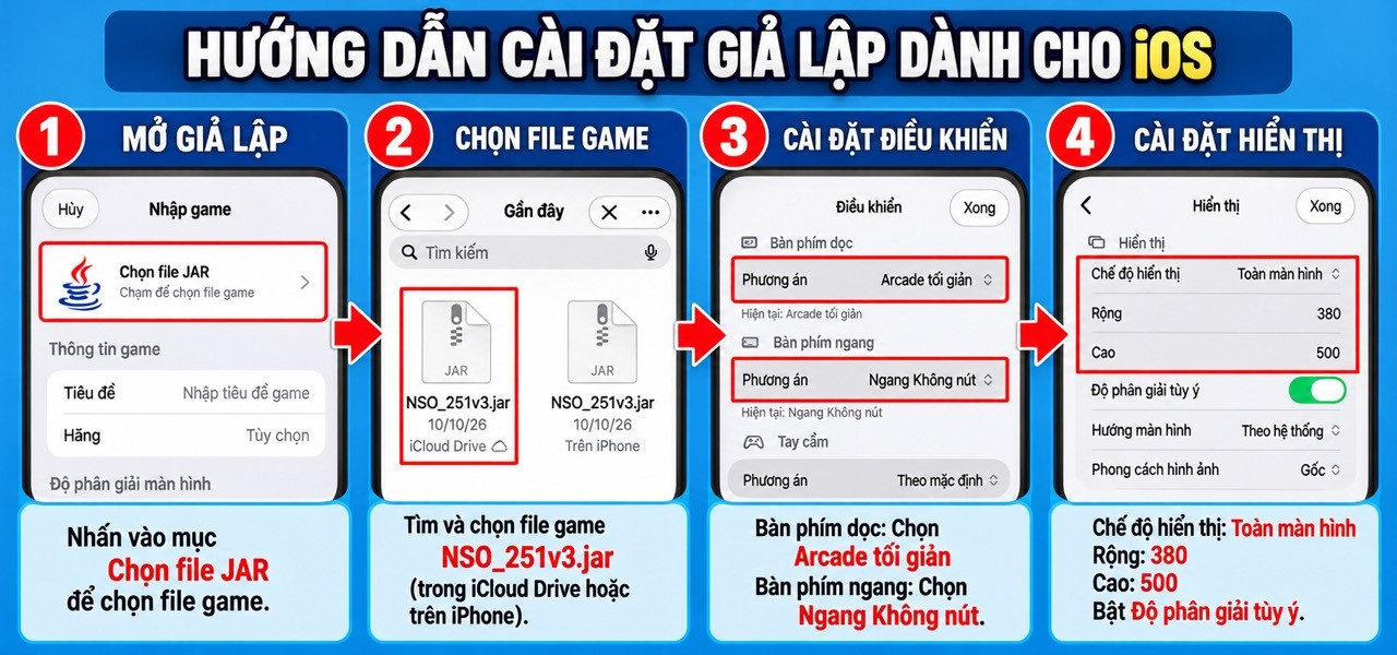 Hướng dẫn 4 bước cài giả lập iOS, chọn NSO_251v3.jar, thiết lập điều khiển và hiển thị